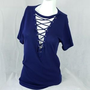 EXPRESS front lace up tee. Blue. NWT.